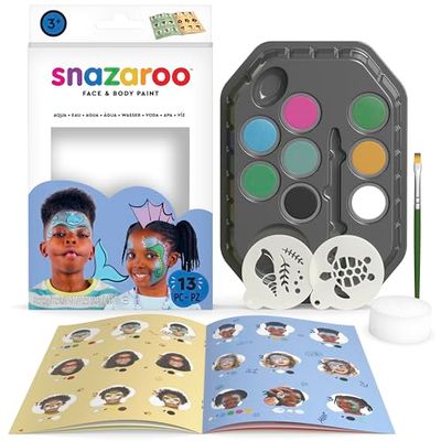 Snazaroo 1172191 - Set per il trucco "Acqua", delicato sulla pelle a base d'acqua, 7 colori per il trucco, 1 pennello per il trucco, 1 spugna, 2 modelli e istruzioni passo-passo