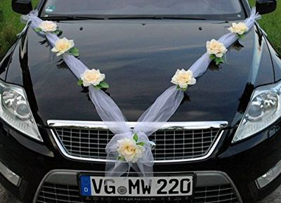 Autoschmuck Organza M Decorazione Auto Matrimonio Nastro Organza e Rose Limone/Bianco