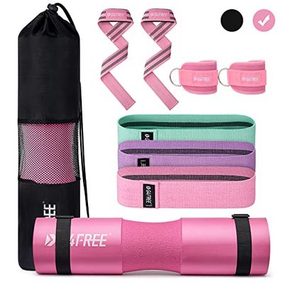 G4Free 9-delige halterset voor squat, heupstoten, lunges, beendag, standaard Olympische staven met 2 fitness-enkelveiligheidsbanden, 3 heupweerstandsbanden, 2 tilbanden, halterpad en draagtas (roze)