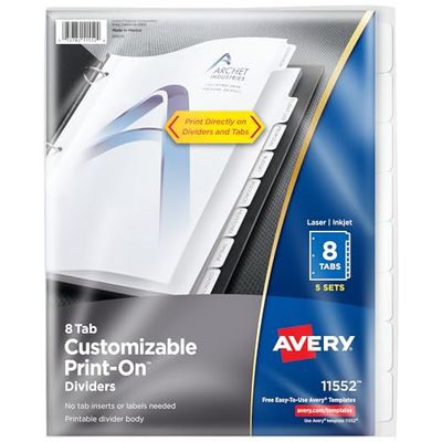 Avery Print-On Dividers, White, 8 Tabs, 5 Sets (11552)