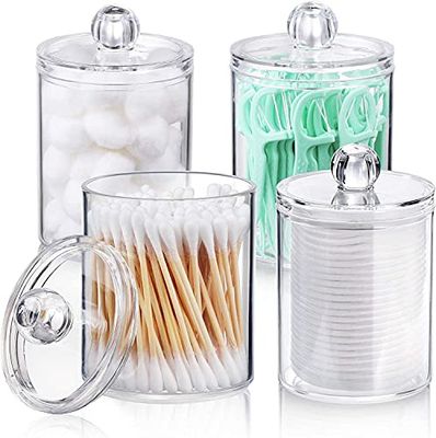 AOZITA Lot de 4 distributeurs de cotons-tiges pour boules de coton, cotons-tiges, tampons ronds, fil dentaire – Pot d'apothicaire en plastique transparent de 283,5 g pour salle de bain, organisateur