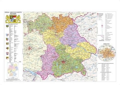 Bayern politisch mit Postleitzahlen: Wandkarte/Poster NEUE AUFLAGE