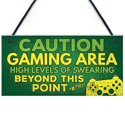 RED OCEAN Caution Gaming Area Novelty Gamer Accessories Gift For Son Brother DAD Man Cave Boys Room Bedroom Door Sign Decor