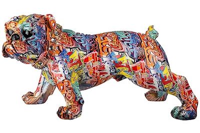 Casablanca Dekorativ figur, bulldogg XXL stående – djurfigur, skulptur hund med halsband, glasdiamant – gatukonst, graffitidesign – flerfärgad bredd 75 cm