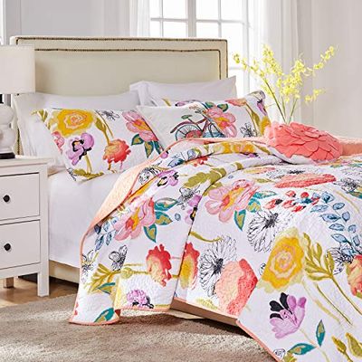 Greenland Home Watercolor Dream 100% Cotton Quilt and Decorative Pillow Set, 5-Piece King/Cal King, White