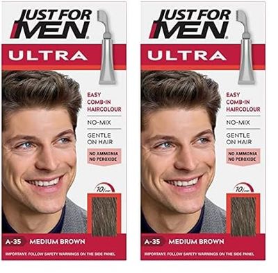 Just for Men Ultra Medium Brown Hair Colour Dye For Short Hair, Comb Away The Greys – A35 (Pack of 2)