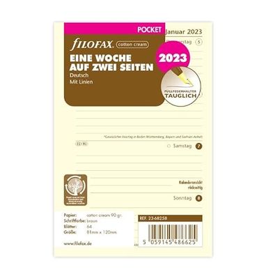 Filofax 23-68258 Pocket 1 week op 2 pagina's katoen crème (Duits) 2023,Cotton cream