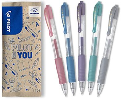 PILOT - Set di 5 G2 - Penne roller a scatto e ricaricabili a Inchiostro gel - Inchiostro effetto metallizzato - Rosa, Blu, Viola, Verde e Argento Metallizzati - Punta Media