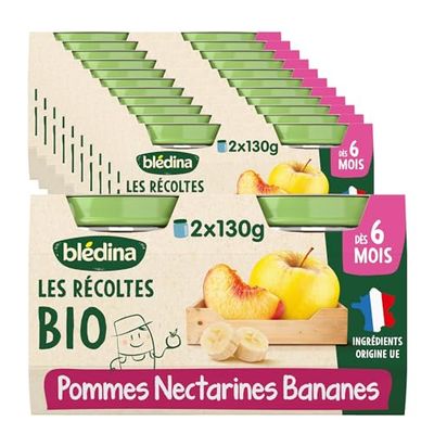 Blédina - Les Récoltes Bio - 24 petits pots pour bébé - Nectarines Bananes dès 6 mois (Pack de 12x2 pots)