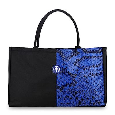 Inter Mixte Borsa Da Spiaggia in Tela Con Pattern 55x34 cm Plage Motif Biscione, Toile, Sac de Voyage, pour Tous Les Fans Produit Officiel, Noir-Bleu Ciel