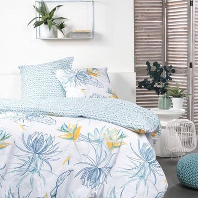 TODAY Sunshine - Parure da letto matrimoniale con stampa tropicale, 220 x 240 cm, colore: bianco e blu
