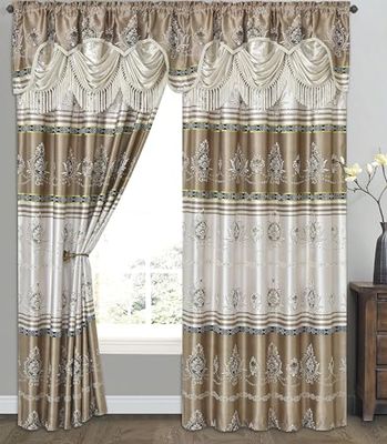 GOHD Golden Ocean Home Decor Harmony Horizon Lot de 2 Rideaux de fenêtre Jacquard avec cantonnière Fantaisie attachée 137,2 cm de Large x 229 cm de Hauteur avec cantonnière de 45,7 cm (Sable)