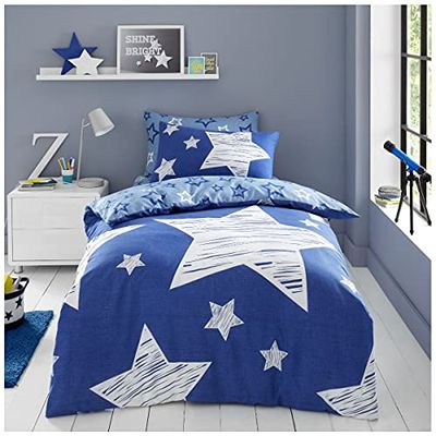 GC GAVENO CAVAILIA Luxury Kids Fitted Sheet Super Star Cover OR Easy Care Children Curtains, Polycotton, Navy, Single Duvet Set
