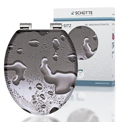 SCHÜTTE 80123 - Assento de sanita com núcleo de madeira cinza com descida automática, adequado para muitas casas de banho habituais, carga máxima dos óculos 150 kg, design em óculos e tampa