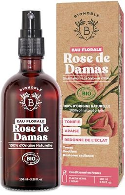 Bionoble Eau de Rose Bio 100ml + Spray - Bouteille en Verre - Hydrolat de Rose de Damas 100% Pur et Naturel - Eau de Rose Visage, Corps et Contour des Yeux - Eau Florale de Rose - Vegan Rose Water