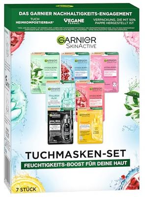 Garnier Set di maschere in panno per ogni tipo di pelle, 7 maschere per il viso per pelli secche a normali, formula vegana con acido ialuronico, Hydra Bomb e Nutri Bomb set maschere 7 x 28 g
