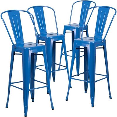 Flash Furniture Móveis Flash pacote de 4 bancos de bar de metal de 30 polegadas de altura para interiores e exteriores com encosto, plástico, aço galvanizado, azul, 4 unidades