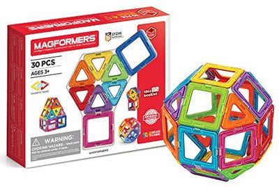 Magformers 30-Piece Magnetic Tiles Toy. STEM Set. Educational Teaching Resource With 18 Squares And 12 Triangles. Magnetic Building Blocks For Children Aged 3+. Makes 2D Nets and 3D.