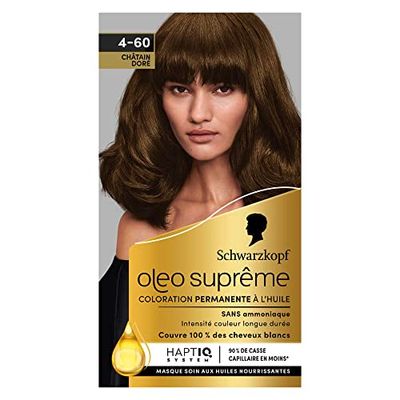 Schwarzkopf – Oleo Suprême – Coloration Permanente à l’Huile – Couleur et Eclat Longue Durée – sans Ammoniaque – Couvre 100% des Cheveux Blancs – HaptIQ Système – Châtain Doré 4-60