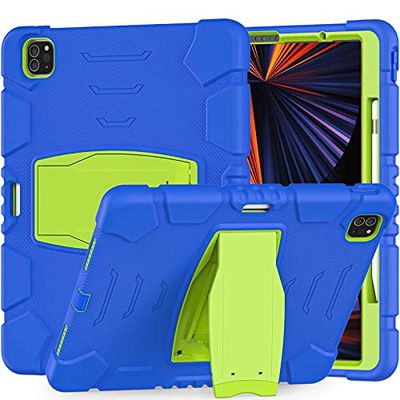 iPad Pro 12.9 inch Case 2021 , Shockproof 3 Layer Full Body Protection Cover with Pencil Holder-Blue+Green