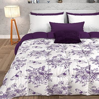 PETTI Artigiani Italiani - Edredón, edredón de invierno, edredón de invierno, colcha de plaza y media reversible monocolor e impresión digital botánica violeta, 100% microfibra hipoalergénica, Made in