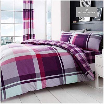 GC GAVENO CAVAILIA Capa de edredão e fronhas de almofada aos quadrados, roupa de cama em polialgodão King (230 x 220 cm), fronhas de cama macias, roxo