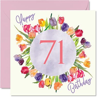Mooie 71e verjaardagskaarten voor vrouwen - aquarel tulpen bloemen boeket - gelukkige verjaardagskaart voor haar oma oppas Gran moeder verjaardagscadeaus, 145 mm x 145 mm mooie bloemen wenskaarten cadeau