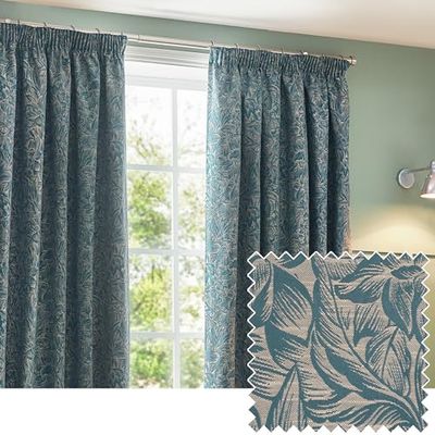 Wylder Nature Grantley Jacquard Pencil Pleat Curtains - 2 Panels - Width x Drop - 229 x 229cm (90 x 90) - Wedgewood