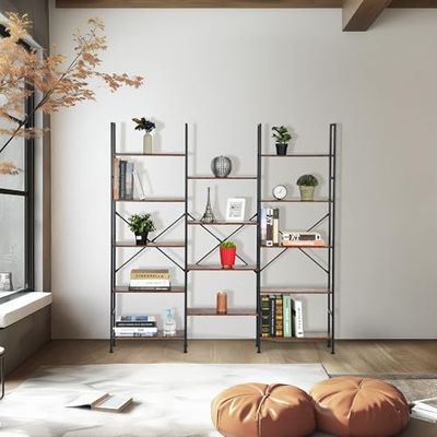 FurnitureR Boekenkast, display en opbergkast met 14 planken, houten platen en metalen frame, voor woonkamer, slaapkamer, thuiskantoor, bruin en zwart, 152 x 24 x 166 cm
