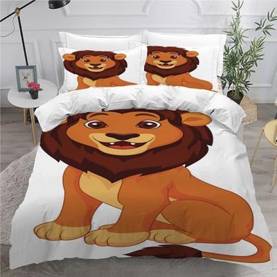 Adels-Contact Parure de lit 3 pièces en microfibre ultra douce et hypoallergénique avec fermeture éclair et 2 taies d'oreiller pour enfants, motif lion de dessin animé 3D, pour garçons, filles,