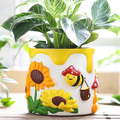 GUGUGO Macetas Coloridas de Abejas y Girasoles, Bonitas macetas suculentas únicas con Drenaje, macetas pequeñas de Arco Iris para Plantas de Interior, Divertida decoración ecléctica del hogar