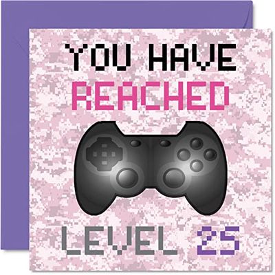 25e gamer verjaardagskaart - je hebt niveau 25 bereikt - vrouwen verjaardagskaarten, vijfentwintig vijfentwintigste spellen verjaardag wenskaarten, videogame gaming dochter moeder vriend tante 145mm x 145mm