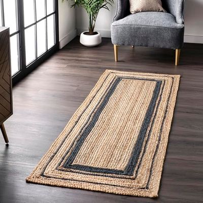 nuLOOM Rikki - Alfombra de Yute con Borde Trenzado, 2 pies 6 Pulgadas x 6 pies, Color Azul Marino