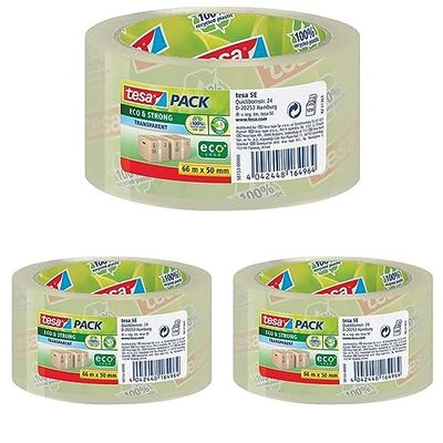 tesapack Eco & Strong - Environmentally Friendly Packing Tape Made of 100% Recycled Plastic, UV-Resistant and Age-Resistant - Transparent - 66 m x 50 mm (Pack of 3)
