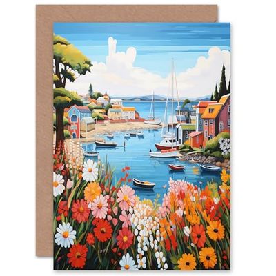 Artery8 Idyllic Scenic Seaside Fishing Village Harbour Bay for Wife Her Mum Sister Daughter Mom Gran Nan Birthday Thank You Congratulations Blank Art Greeting Card