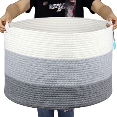 Casaphoria XXXLarge Katoenen touwmand voor woonkamer - geweven opbergmand met handvat voor dekens, handdoeken en kussens, wasmand | lichtgrijs (55,9 x 55,9 cm x 35,6 cm)