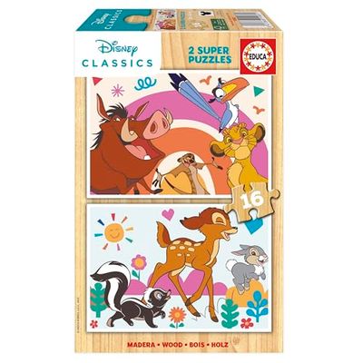 Educa - Set di 2 enigmi di legno con 16 pezzi ciascuno | Animali Disney. Misura: 26 x 18 cm. Raccomandato per 3 anni (19981)