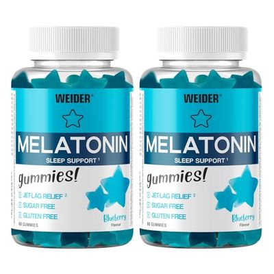 Weider Pack Duo Melatonin Gummies - Goûts Myrtille (2x60 Gommes). 1 mg de mélatonine par gomme. Aide à la qualité du sommeil et contre le Jet-lag. Sans Sucre. Sans Gluten.