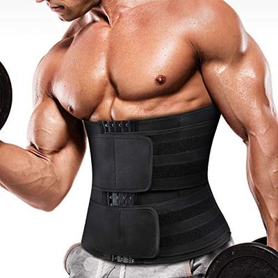 Herren Neopren-Bauchmuskel-/Sauna-/Schweißband, Bauchweggürtel, Aktiv-Taillentrainer, mit verstellbarem Riemen, Schwarzer Taillentrainer mit zwei Gürteln, Large