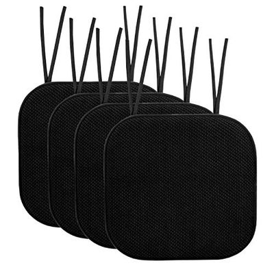Söt hemsamling stolskudde minnesskum dynor med slipsar bikakestruktur halkfri gummibaksida rundad fyrkantig 40 cm x 40 cm sätesskydd, 4-pack, svart 4-pack