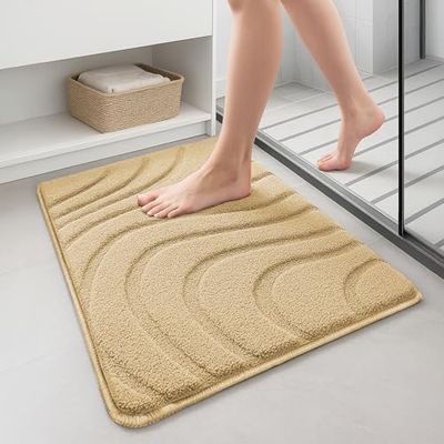 vounot® Set van 2 badmatten, antislip, zeer zacht en absorberend, van microvezel, golfpatroon, wasbaar, sneldrogend, voor badkamer, douche, badkuip, 60 x 90 cm, beige