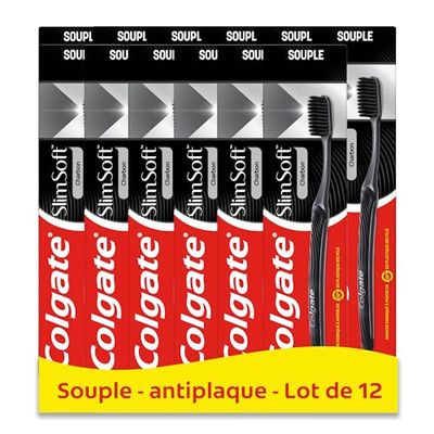 COLGATE Brosse à dents manuelle Slim Soft Charbon - brins souples, élimination de la plaque dentaire - efficacité cliniquement prouvée - lot de 12
