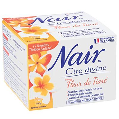 NAIR - Cera divina con estratti di fiori di tiaré, speciale pelle sensibile, si rimuove senza strisce, vaso da 400 g + 2 salviettine "Finitura perfetta"