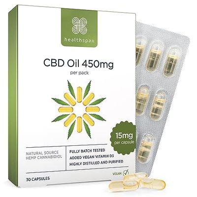Healthspan 450mg CBD Oil Capsules | 30 Capsules | Added Vitamin D3 | Vegan
