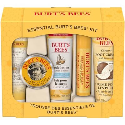 Burt's Bees Essential Gift Set, Lip Balm, Hand Salve, Body Lotion, Foot Cream & Face Cleanser, 5 Travel Size Products