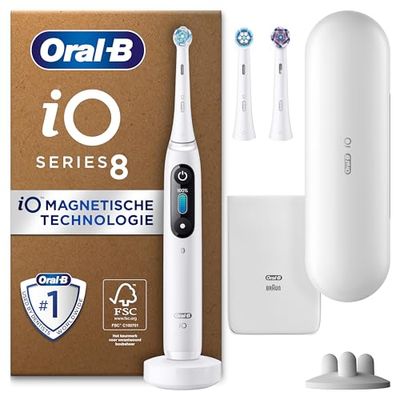 Oral-B iO Series 8 Plus Edition Witte Albast Elektrische Tandenborstel, 3 Opzetborstels, 6 Poetsmodi Voor Tandheelkundige Verzorging, Reisetui, Recyclebare Verpakking, Ontworpen door Braun