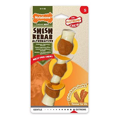 Nylabone Extreem stoer hondenkauwspeelgoed, shish kebab, kip jerky smaak, rommelvrij, klein, voor honden tot 11 kg, S