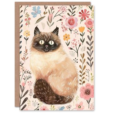 Artery8 Cute Himalayan Cat Lover Pink Floral Pet Portrait For Her Woman Birthday Card