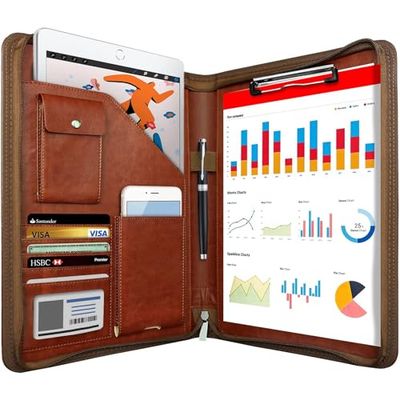 NEWYES Conferentiemap Zipper leer, A4, documentenmap voor reizen, portfolio reisportemonnees, persoonlijke organizer, bruin