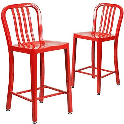 Flash Furniture Conjunto de 2 bancos de metal vermelho de 24 polegadas de altura para interiores e exteriores com suporte de fitas verticais